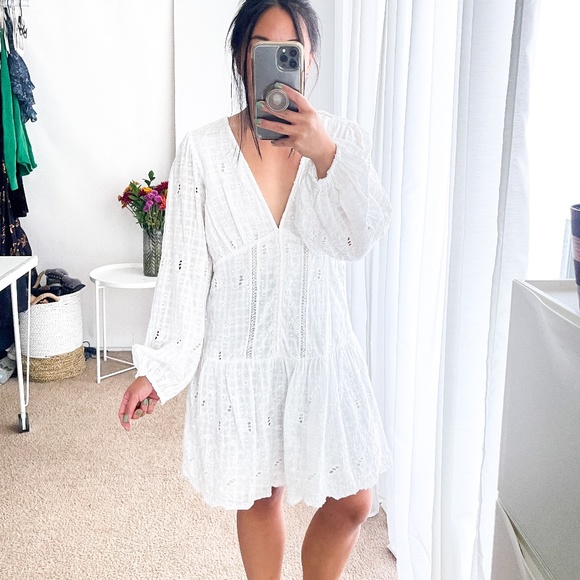 Zara Dresses & Skirts - Zara | Cotton Mini Embroidered Eyelet Dress Long Sleeve White | L